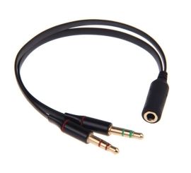 Audio-Buchse 3,5 mm Y-Splitter M/F, Stereo+Mikrofon, Flachkabel, schwarz, inklusive iPhone/Samsung-Headset